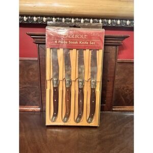Laguiole 4 Pc Steak Knife‎ Set Wood Handle Stainless Serrated Blades NIB Vintage